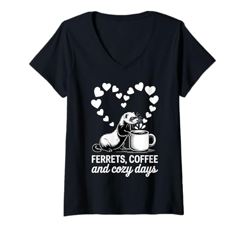 Damen Frettchen, Kaffee und gemütliche Tage, niedlicher Tierliebhaber T-Shirt mit V-Ausschnitt Damen Frettchen, Kaffee und gemütliche Tage, niedlicher Tierliebhaber T-Shirt mit V-Ausschnitt von CozyFerret