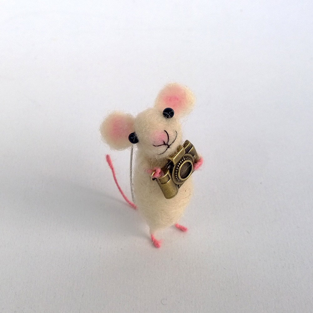 Maus Mit Kamera Brosche Nadelfilz Accessoire Eco Freundlicher Schmuck Tier Pin Liebling Geschenk Miniatur-Maus Wollkunst Skulptur von CozyMilArt