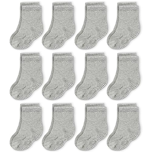 CozyWay Baby Anti-Rutsch-Crew-Socken mit Griffen für Kleinkinder kleine Jungen Mädchen Kleinkinder Kinder nicht rutschen, Grau 12 Paare, 0-6 Monate von CozyWay