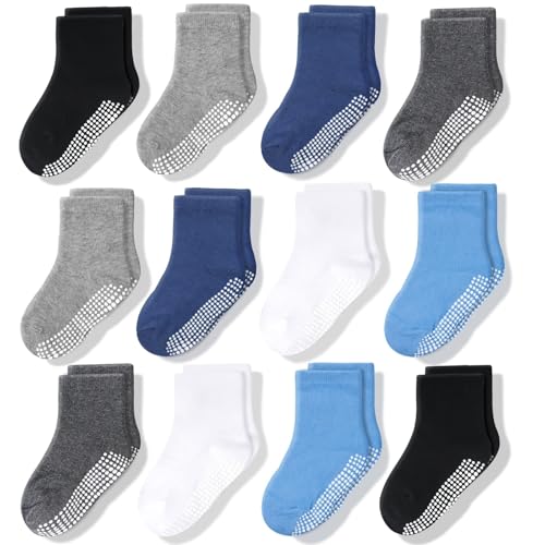 CozyWay Baby Anti-Rutsch-Crew-Socken mit Griffen für Kleinkinder kleine Jungen Mädchen Kleinkinder Kinder nicht rutschen, Jungen Unifarben m/Dunkelgrau 12 Paar, 6-12 Monate von CozyWay