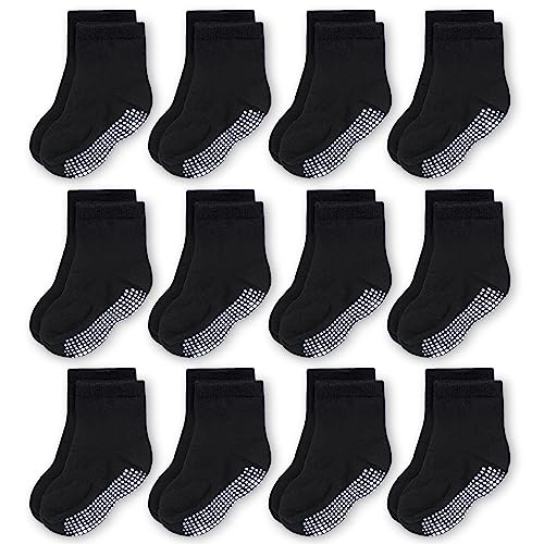 CozyWay Baby Anti-Rutsch-Crew-Socken mit Griffen für Kleinkinder kleine Jungen Mädchen Kleinkinder Kinder nicht rutschen, Schwarz 12 Paare, 0-6 Monate von CozyWay