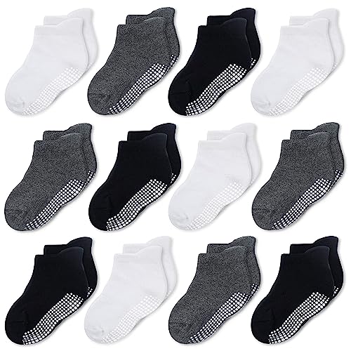 CozyWay Socken im Nonrutsch-Knöchelstil mit Grippers, 12 Pack für Jungen und Mädchen, schwarzes Weiß und Dunkelgrau, 1-3 Jahre von CozyWay
