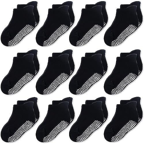 CozyWay Socken im Nonrutschen-Knöchelstil mit Greifer, 12 Packungen für Jungen und Mädchen, solide Schwarz, 1-3 Jahre von CozyWay