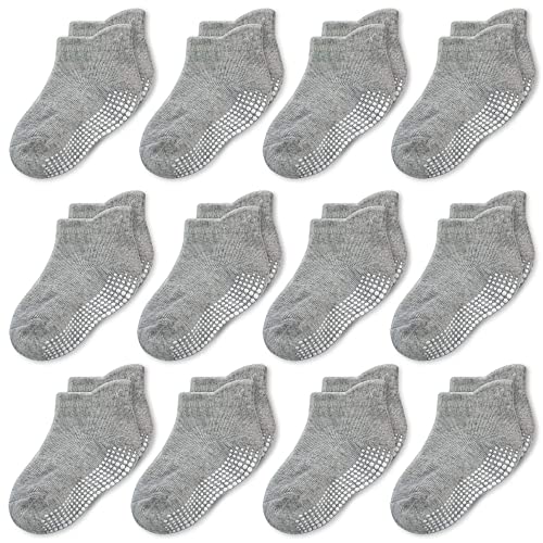 CozyWay Socken im nicht rutschfesten Knöchelstil mit Greifer, 12 Packungen für Jungen und Mädchen, solide grau, 1-3 Jahre von CozyWay