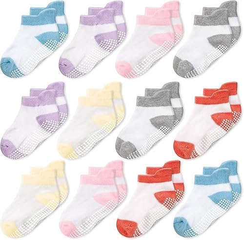 CozyWay Socken im Nonrutschen-Knöchelstil mit Greifer, 12 Packungen für Jungen und Mädchen, gemischte Farben, 1-3 Jahre von CozyWay