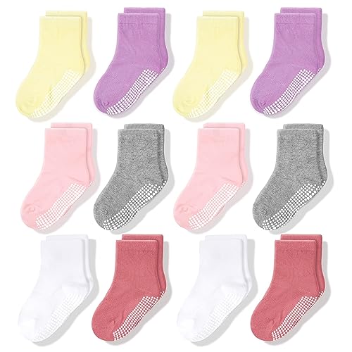 CozyWay Baby Anti-Rutsch-Crew-Socken mit Griffen für Kleinkinder kleine Jungen Mädchen Kleinkinder Kinder nicht rutschen, Mädchen Unifarben 12 Paar, 0-6 Monate von CozyWay