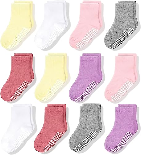 CozyWay Baby Anti-Rutsch-Crew-Socken mit Griffen für Kleinkinder kleine Jungen Mädchen Kleinkinder Kinder nicht rutschen, Mädchen Unifarben 12 Paar, 0-6 Monate von CozyWay