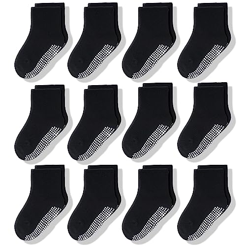 CozyWay Baby Anti-Rutsch-Crew-Socken mit Griffen für Kleinkinder kleine Jungen Mädchen Kleinkinder Kinder nicht rutschen, Schwarz 12 Paare, 6-12 Monate von CozyWay