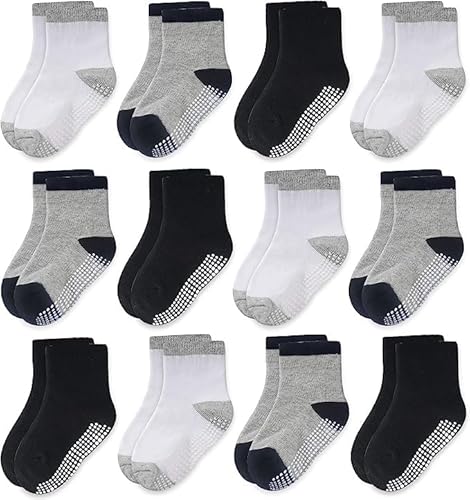 CozyWay Baby Anti-Rutsch-Crew-Socken mit Griffen für Kleinkinder kleine Jungen Mädchen Kleinkinder Kinder nicht rutschen, Jungen Mehrfarbig 12 Paar, 6-12 Monate von CozyWay