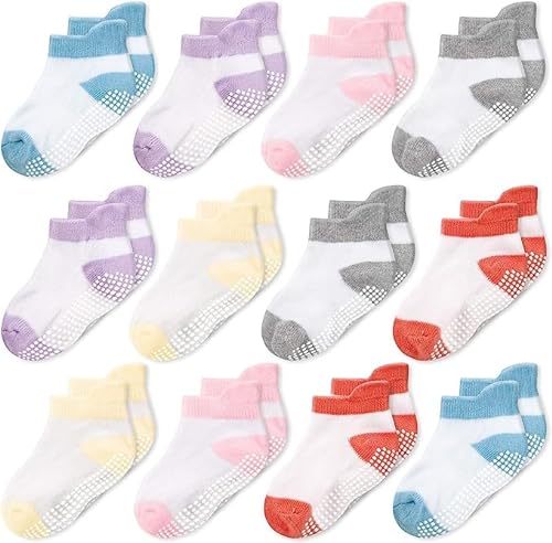 CozyWay Socken im Nonrutschen-Knöchelstil mit Greifer, 12 Packungen für Jungen und Mädchen, gemischte farbige, 6-12 Monate von CozyWay