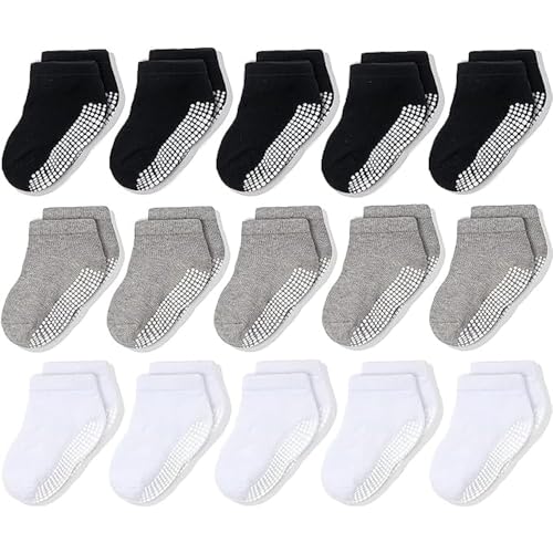 CozyWay Non-Schlupf-Knöchelgriff niedrig geschnittene Kindersocken, 15 Pack für Jungen & Mädchen, Schwarz/Weiß/Grau, 5-7 Jahre alt von CozyWay