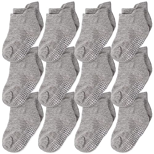 CozyWay Baby Anti-Rutsch-Crew-Socken mit Griffen für Kleinkinder kleine Jungen Mädchen Kleinkinder Kinder nicht rutschen, Grau 12 Paare, 1-3 Jahre von CozyWay