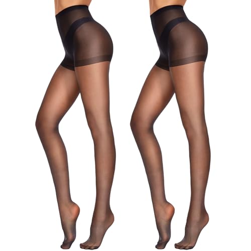 CozyWow 20 Denier Damen Strumpfhose Control Top Seidenstrümpfe mit verstärkten Zehen Hoch Taille 2X Schwarz L von CozyWow