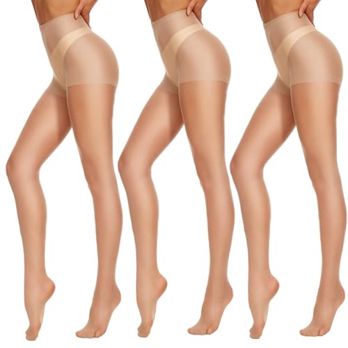 CozyWow 20 Denier Damen Strumpfhose Control Top Seidenstrümpfe mit verstärkten Zehen Hoch Taille 3X Hautfarbe L von CozyWow