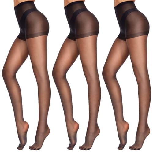 CozyWow 20 Denier Damen Strumpfhose Control Top Seidenstrümpfe mit verstärkten Zehen Hoch Taille 3x Schwarz XL von CozyWow