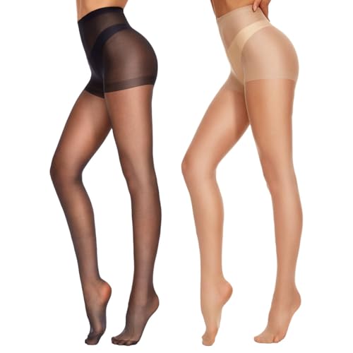 CozyWow 20 Denier Damen Strumpfhose Control Top Seidenstrümpfe mit verstärkten Zehen Hoch Taille Schwarz+Hautfarbe L von CozyWow