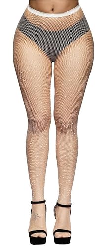 CozyWow Damen Glitzer Diamanten Strumpfhose Netzstrumpfhosen mit Strass Elastik aushöhlen High Waist Fischernetz Strumpfhosen Hoher Taille Weiß von CozyWow