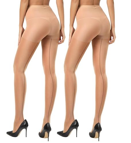 CozyWow Damen Strumpfhose 20D mit Rückennaht - Hohe Taille,Control Top,Verstärkte Zehen & Atmungsaktiv 2x Hautfarbe M von CozyWow