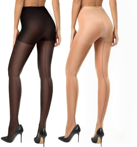 CozyWow Damen Strumpfhose 20D mit Rückennaht - Hohe Taille,Control Top,Verstärkte Zehen & Atmungsaktiv Schwarz+ Hautfarbe M von CozyWow
