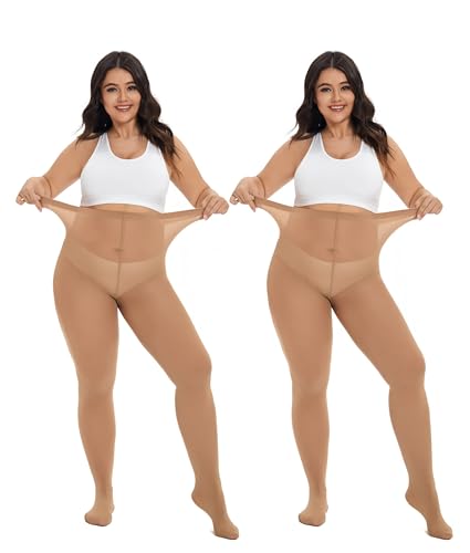 CozyWow Damen Strumpfhose Elastisch Semi-Blickdicht Strumpfhosen Plus Größen XL-XXL 2X Hautfarbe XXL von CozyWow