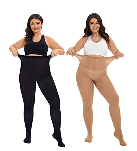CozyWow Damen Strumpfhose Elastisch Semi-Blickdicht Strumpfhosen Plus Größen XL-XXL Schwarz+Hautfarbe XL von CozyWow