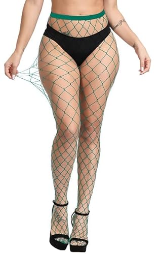 CozyWow Netzstrumpfhosen Damen Elastik aushöhlen High Waist Fischernetz Strumpfhosen Reizvolle Strumpfband Oberschenkel Hohe Strümpfe für Frauen Grün-großes Loch von CozyWow