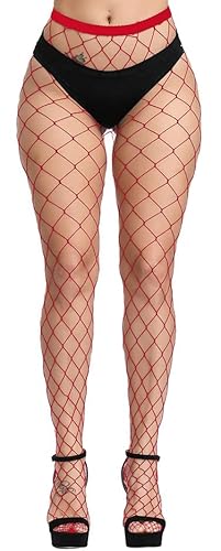 CozyWow Netzstrumpfhosen Damen Elastik aushöhlen High Waist Fischernetz Strumpfhosen Reizvolle Strumpfband Oberschenkel Hohe Strümpfe für Frauen Rot-großes Loch von CozyWow