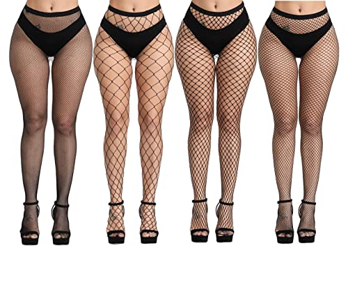 CozyWow Netzstrumpfhosen Damen Elastik aushöhlen High Waist Fischernetz Strumpfhosen Reizvolle Strumpfband Oberschenkel Hohe Strümpfe für Frauen Schwarz-Mini+Klein+mittleres+großes Loch von CozyWow