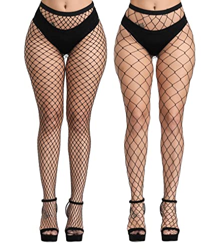 CozyWow Netzstrumpfhosen Damen Elastik aushöhlen High Waist Fischernetz Strumpfhosen Reizvolle Strumpfband Oberschenkel Hohe Strümpfe für Frauen Schwarz- mittleres+großes Loch von CozyWow