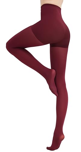 CozyWow Strumpfhose Damen 80D mit Bauchweg Effekt Figurformende Control Top Hoch Taille Semi Opaque Stützstrumpfhosemit verstärktem Höschenteil Weinrot L-XL von CozyWow