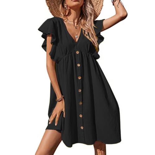 Cozyan Damen Kleid V Ausschnitt Kurzarm High Low Wickelkleid Rüschensaum Lange Freizeitkleider Damen Sommerkleider Kurzarm Elegant V-Ausschnitt Boho Strandkleider Knielang Rüsche Retro von Cozyan