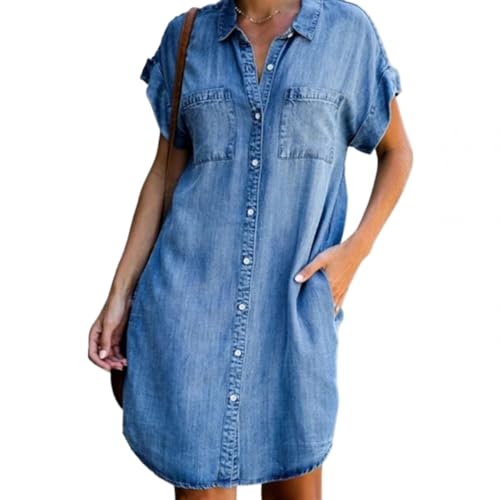 Elegantes Sommerkleid Damen Freizeitkleid im Denim-Stil, Kurze Ärmel mit weiten Ärmeln, kurzer knielanger Rock mit Knöpfen, bequem, geeignet für den Sommer Alltag und Shopping von Cozyan