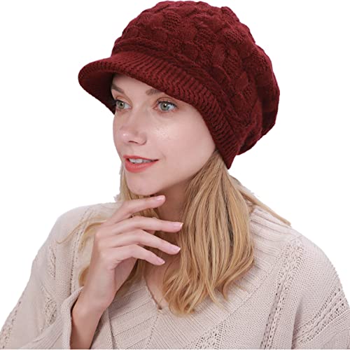 Cozyan Damen Winter Strickmütze Beanie Damen Wollmütze Warm Baskenmütze Gerippte Kappe Damen Winter Hüte Damen Wintermütze Beanie Schirm Viosr Beanie (Dunkelrot) von Cozyan