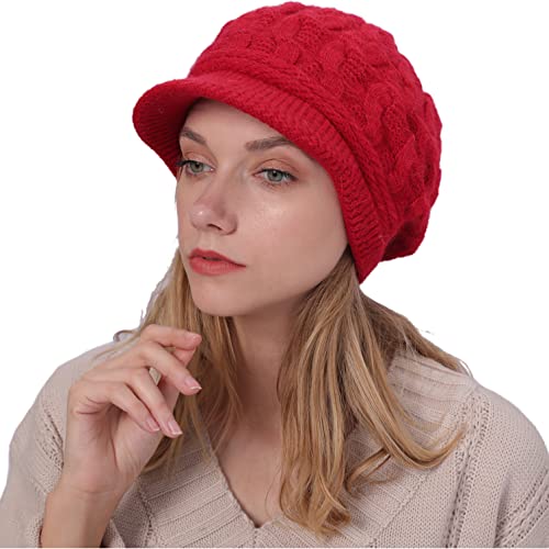 Cozyan Damen Winter Strickmütze Beanie Damen Wollmütze Warm Baskenmütze Gerippte Kappe Damen Winter Hüte Damen Wintermütze Beanie Schirm Viosr Beanie (rot) von Cozyan