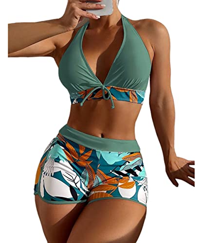 Damen Cross Back Badeanzüge Leopard Twist Front Bademode Damen Bikini Set V Ausschnitt High Waist Bikini Bademode Wellenkanten Tropical Print Bauchweg von Cozyan