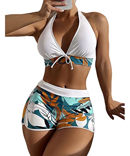 Damen Cross Back Badeanzüge Leopard Twist Front Bademode Damen Bikini Set V Ausschnitt High Waist Bikini Bademode Wellenkanten Tropical Print Bauchweg von Cozyan