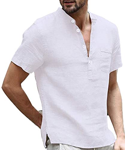 Hemd Herren Sommer Kurzarm Hemden Männer Henley Freizeithemd Hemden für Männer Herren Hemd Kurzarm Hemden Herren Baumwolle Leinenhemd Henley Shirt von Cozyan