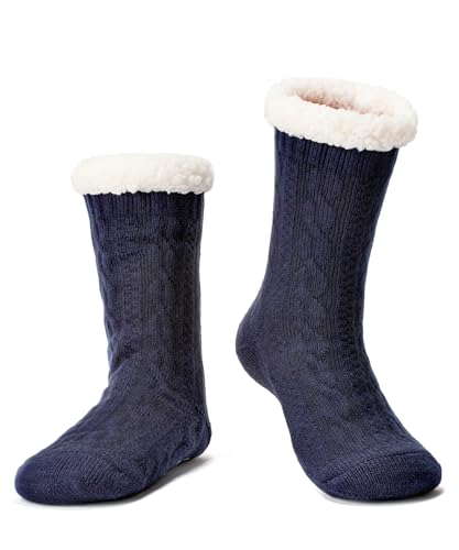 Cozylook Flauschige Damen-Slipper-Socken mit rutschfesten Greifern, gemütlich, flauschig, Sherpa-Futter, niedliche Weihnachtsgeschenke, Cozy Navy, Large-X-Large von Cozylook