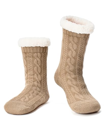 Cozylook Flauschige Damen-Slipper-Socken mit rutschfesten Greifern, gemütlich, flauschig, Sherpa-Futter, niedliche Weihnachtsgeschenke, Gemütliches Taupe, Large-X-Large von Cozylook
