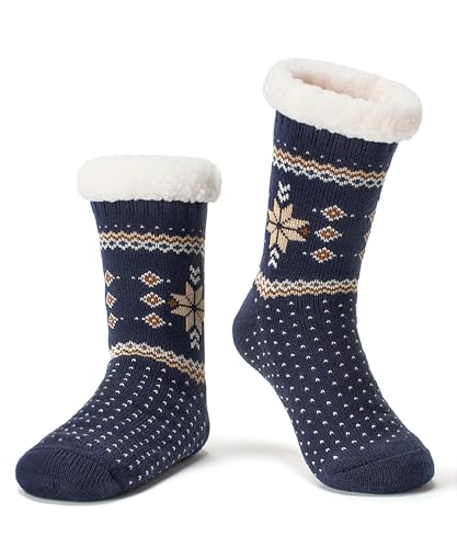 Cozylook Flauschige Damen-Slipper-Socken mit rutschfesten Greifern, gemütlich, flauschig, Sherpa-Futter, niedliche Weihnachtsgeschenke, Marineblau/Taupe Schneeflocke, Large-X-Large von Cozylook