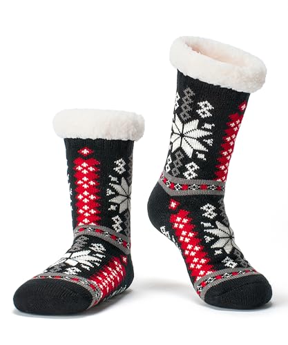 Cozylook Flauschige Damen-Slipper-Socken mit rutschfesten Greifern, gemütlich, flauschig, Sherpa-Futter, niedliche Weihnachtsgeschenke, Schwarz/weiße Schneeflocke, Large-X-Large von Cozylook