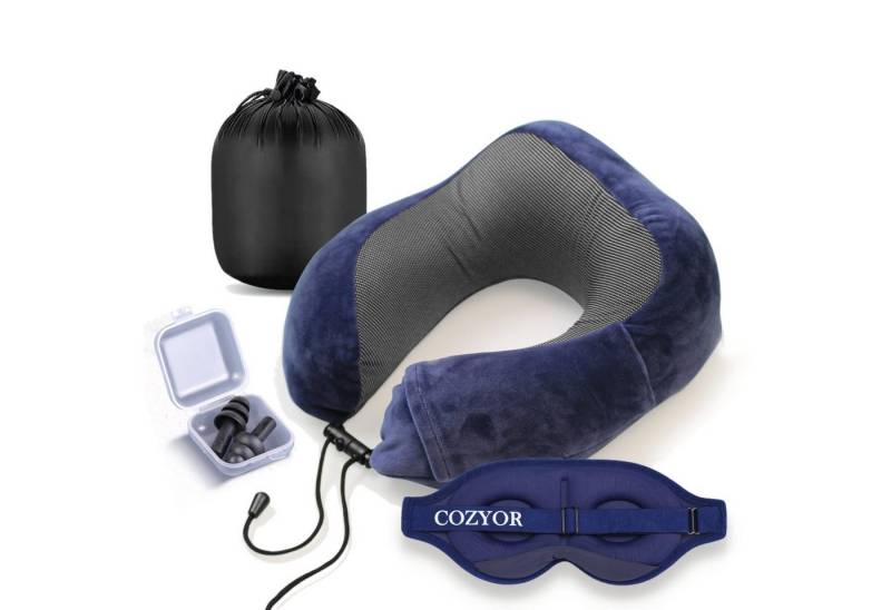 Cozyor Schlafmaske 100% Blackout-Effekt 3D Augenmaske mit ergonomischem Design, Reiseset klein & kompakt, blau Ocean, Schlafmaske + Nackenkissen & Ohrstöpsel, extra Polsterung und variable Passform von Cozyor