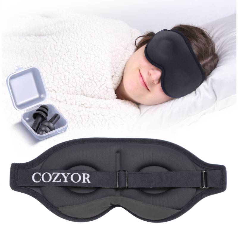 Cozyor Schlafmaske 100% Blackout-Effekt 3D Augenmaske mit ergonomischem Design, Reiseset klein & kompakt anthrazit dunkelgrau, Schlafmaske mit wiederverwendbaren Ohrstöpseln, extra Polsterung und variable Passform von Cozyor