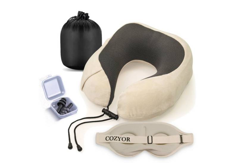 Cozyor Schlafmaske 100% Blackout-Effekt 3D Augenmaske mit ergonomischem Design, Reiseset klein & kompakt beige Driftwood, Schlafmaske + Nackenkissen & Ohrstöpsel, extra Polsterung und variable Passform von Cozyor