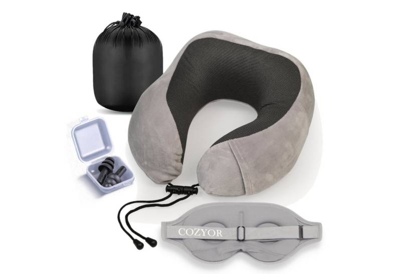 Cozyor Schlafmaske 100% Blackout-Effekt 3D Augenmaske mit ergonomischem Design, Reiseset klein & kompakt hellgrau Moonlight, 3-tlg., Schlafmaske + Nackenkissen & Ohrstöpsel, extra Polsterung und variable Passform von Cozyor
