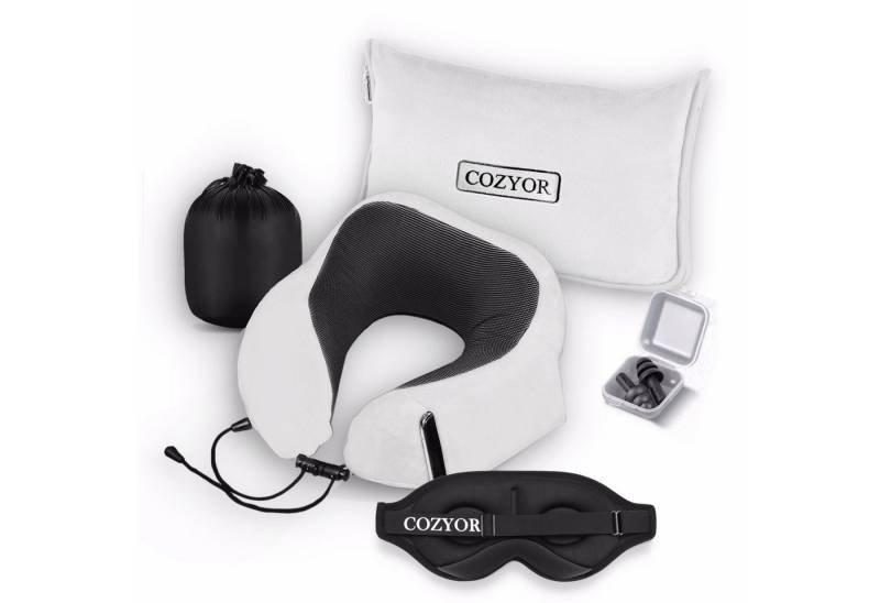 Cozyor Schlafmaske 100% Blackout-Effekt 3D Augenmaske mit ergonomischem Design, Reiseset klein & kompakt weiß Purity, 4-tlg., Schlafmaske + Nackenkissen + 2 in 1 Reisedecke & -kissen + Ohrstöpsel, extra Polsterung und variable Passform von Cozyor