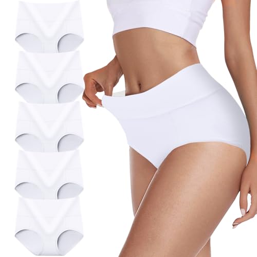 Cozyroam Unterhosen Damen Baumwolle 5er Pack Hohe Taille Unterwäsche Stretch Bauchweg Panties für Frauen Hipster Atmungsaktives Slips Weich Pantys Mehrpack, Weiß von Cozyroam