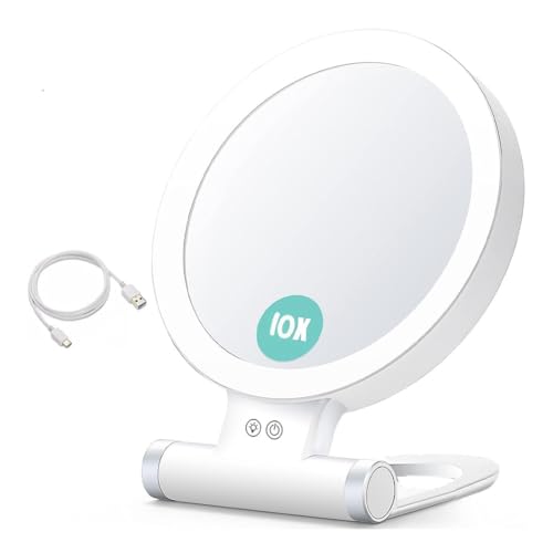 Cpolebev 10-Fach Vergrößernder Schminkspiegel mit Beleuchtung und Vergrößerung, 3-Farbiger LED-Desktop- und Kosmetikspiegel für Unterwegs von Cpolebev