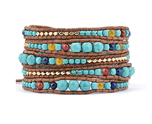 CrEev Natürliche Frauen Abgestufte Steine Goldfarbene Perlen Wickellederarmbänder Perlen Lederschmuck Perlenarmband von CrEev