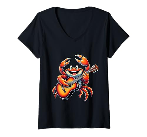 Damen Lustiges Krabbenspielgitarren-Design für Musikliebhaber T-Shirt mit V-Ausschnitt von Crab Lovers Designs
